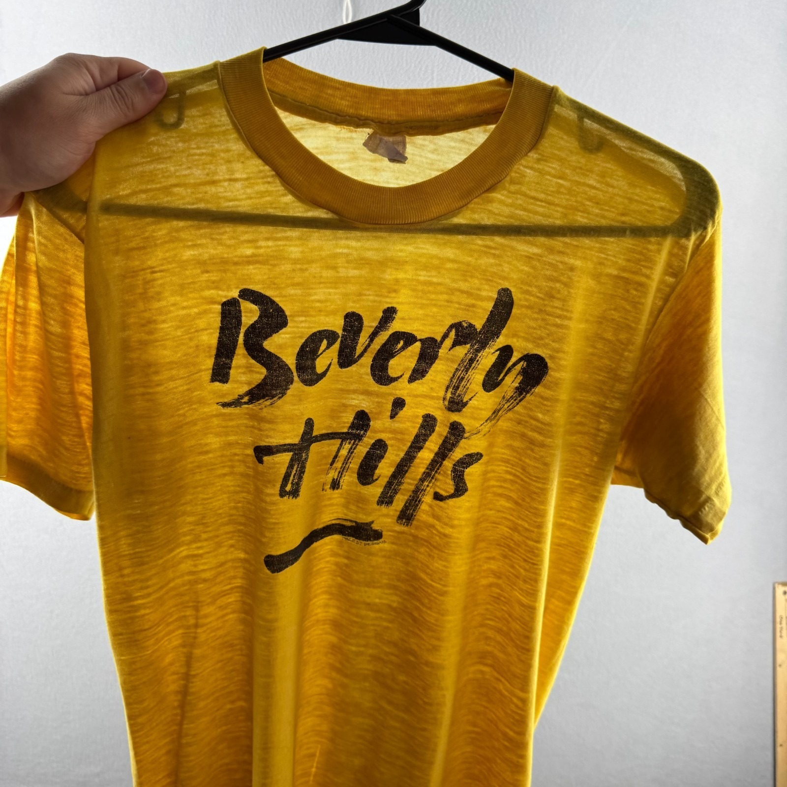 Vintage Beberly Hills Shirt Mens Fits Small Paper Thin 80s Single Sitch Burnout